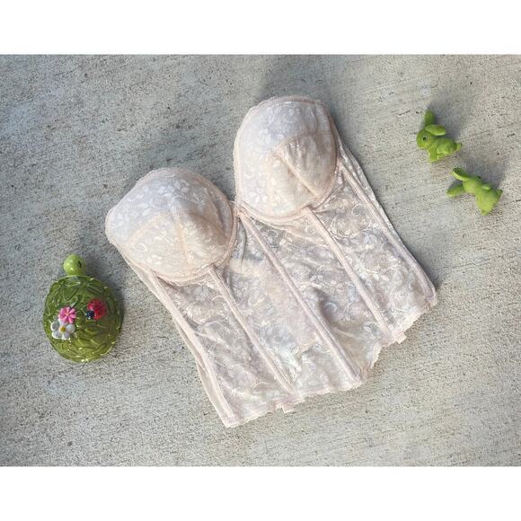 vintage 80s Coquette CREAM Sheer LACE open back BUSTIER 36D corset lingerie bra - Picture 1 of 9